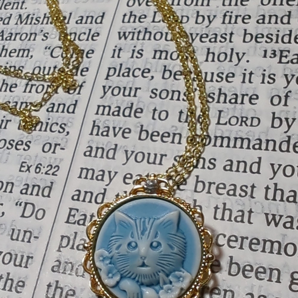 Cameo KITTY CAT NWOT  NECKLACE PENDANT Blue/White 18K Gold PLATE CHAIN NWOT - Picture 7 of 10